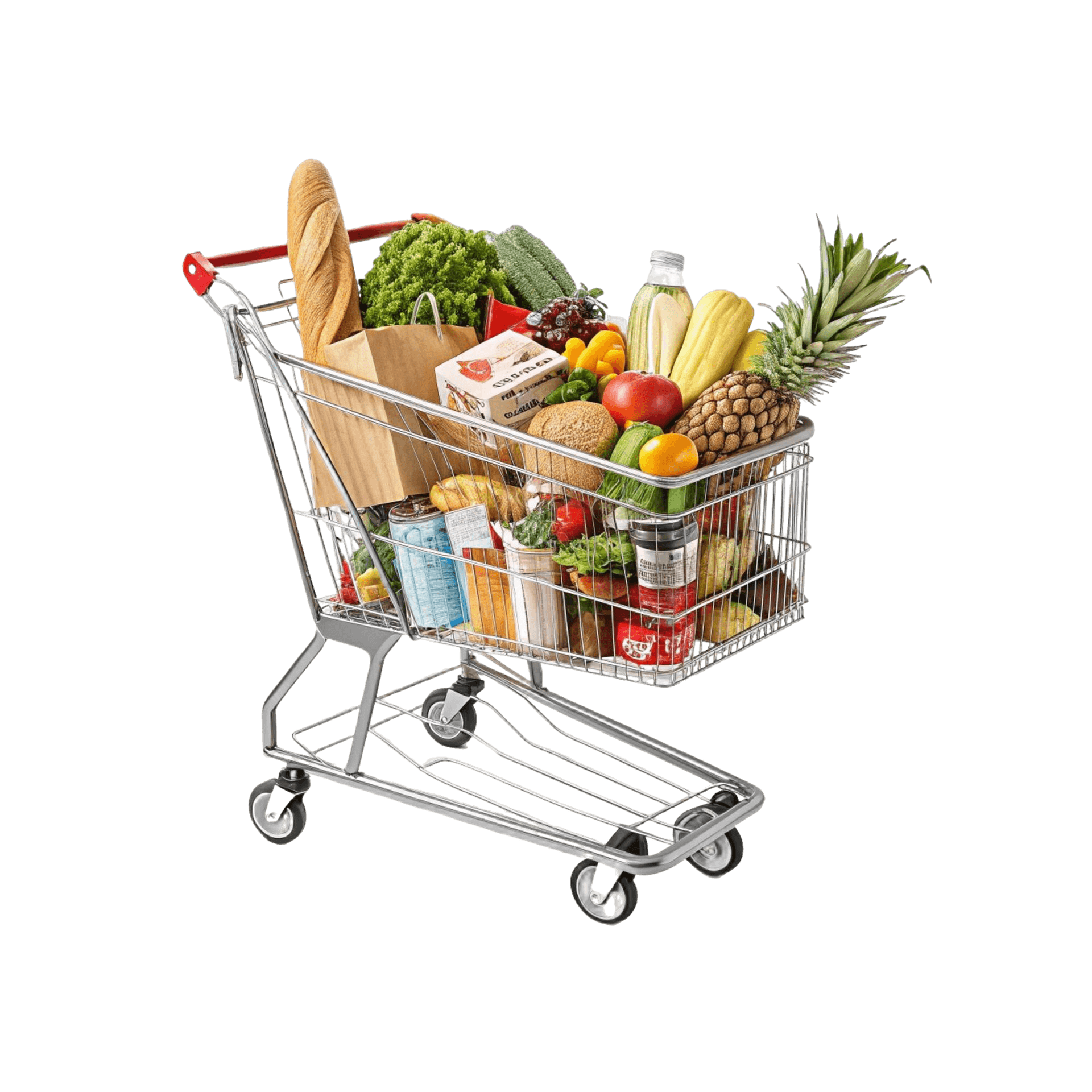 Shopping cart filled with fresh groceries and food products